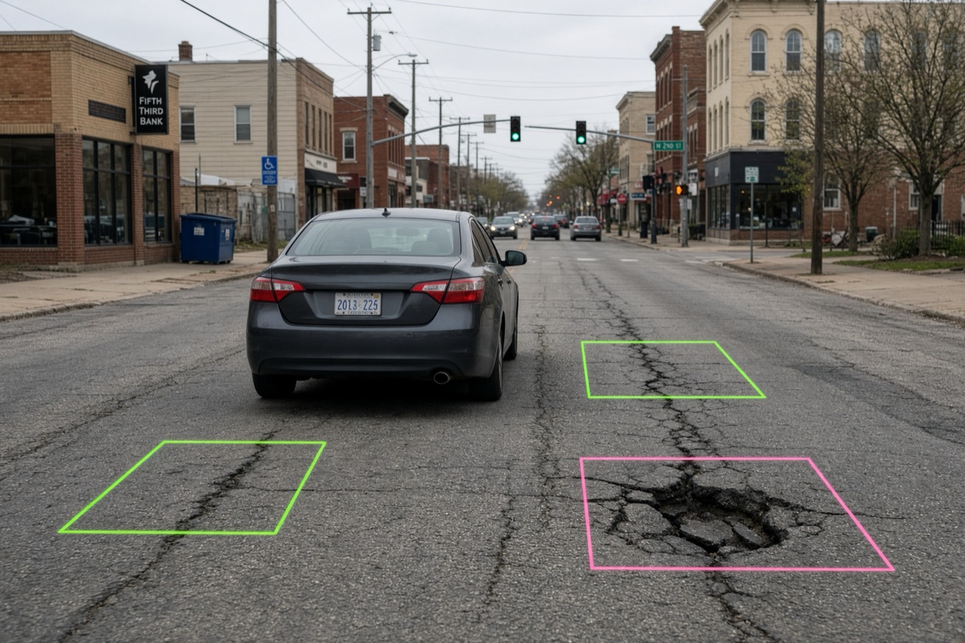 A city street with pavement cracks and a pothole outlined by automated detection boxes