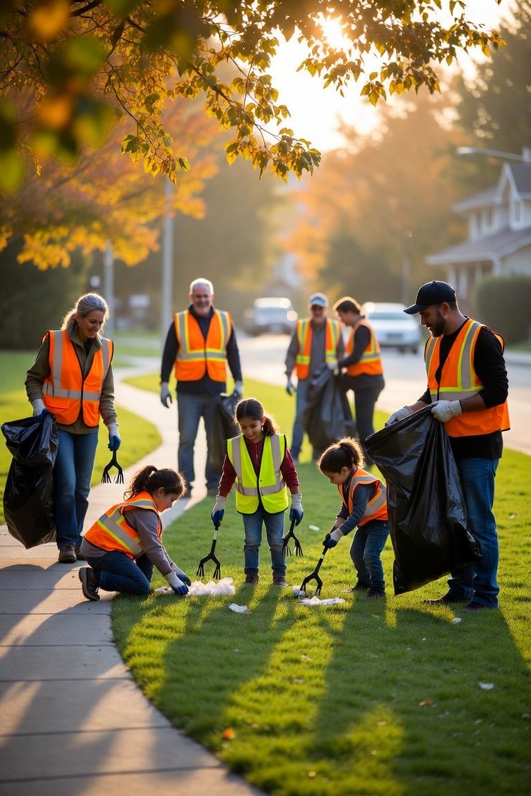 Volunteers in safety vests cleaning up a residential street at golden hour