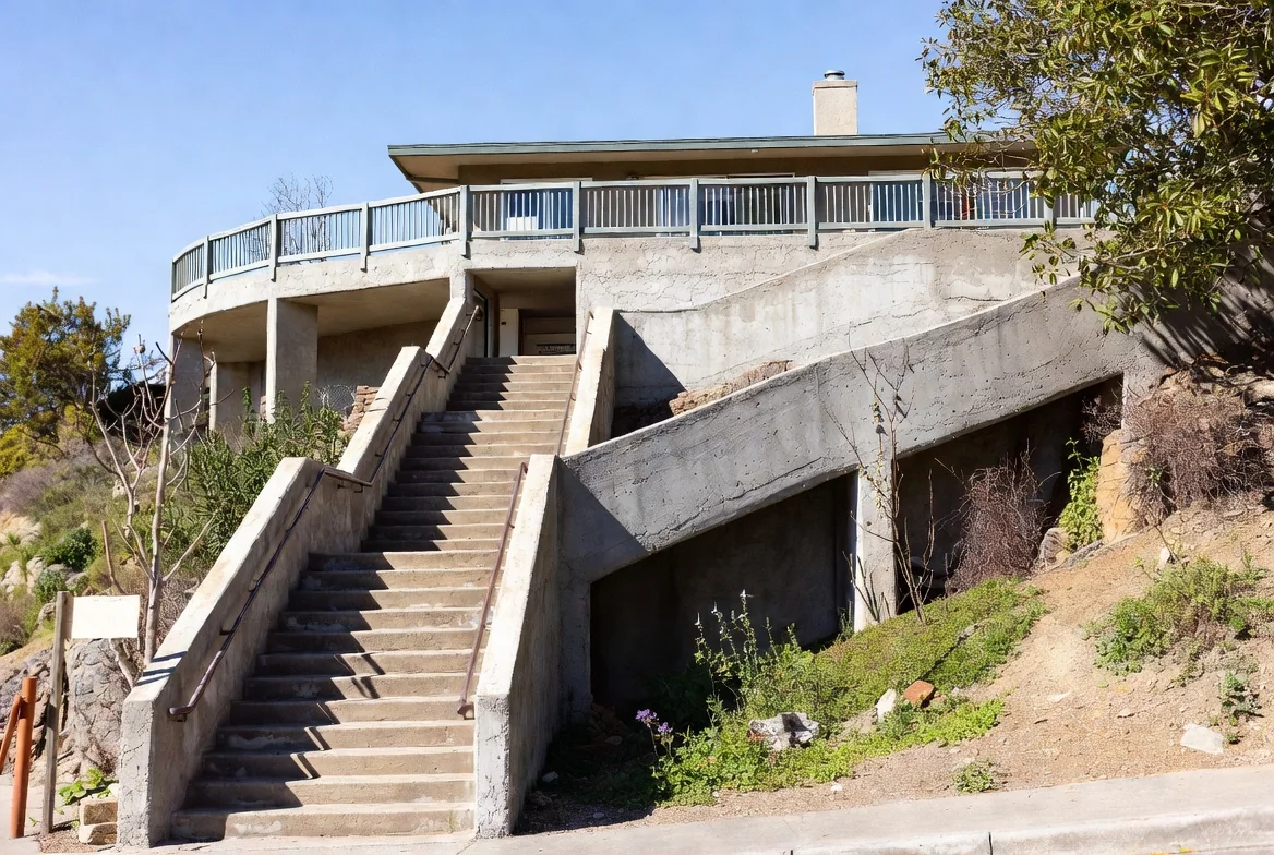 A hillside house reachable only by a long exterior staircase