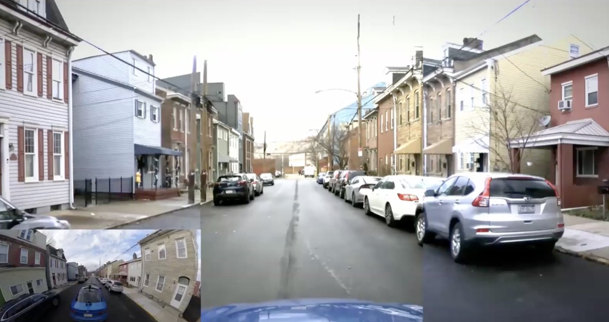 Street-level camera views of a residential street