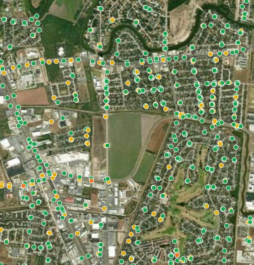 Citywide map of storm drain inlets, each dot colored by condition