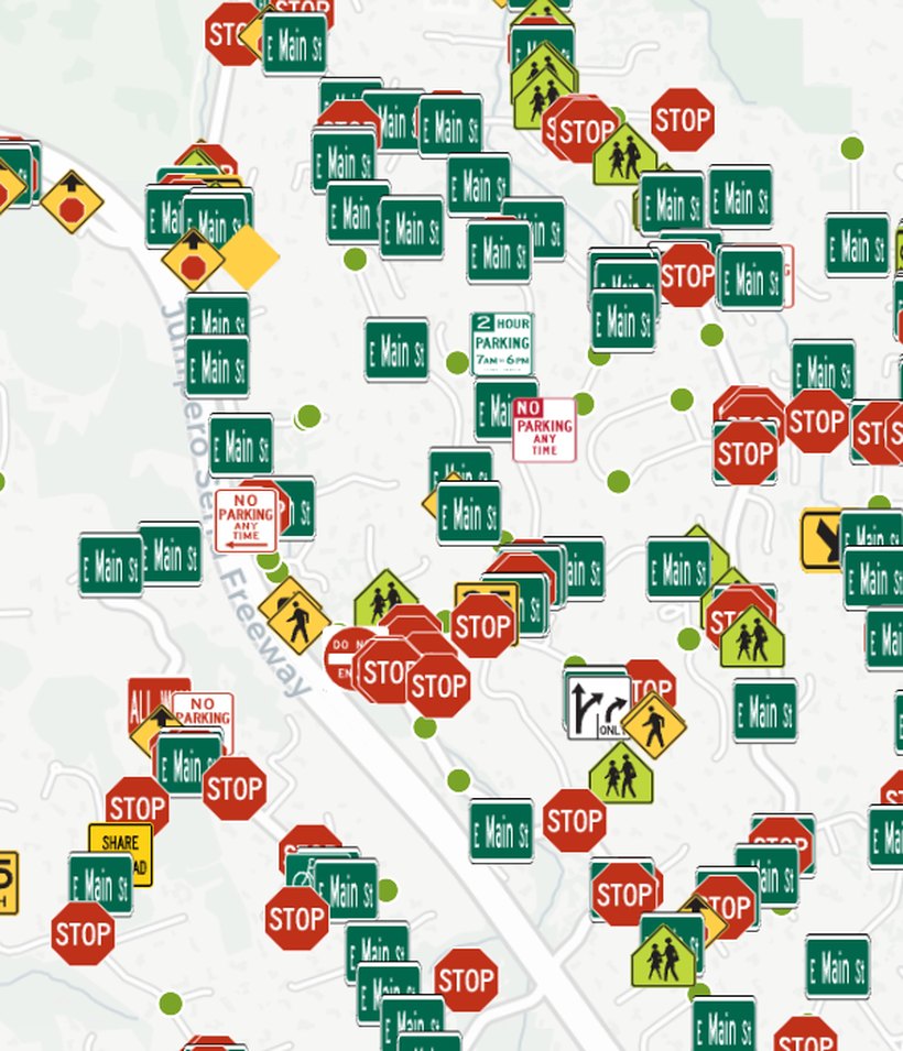 Citywide sign inventory map with MUTCD sign icons