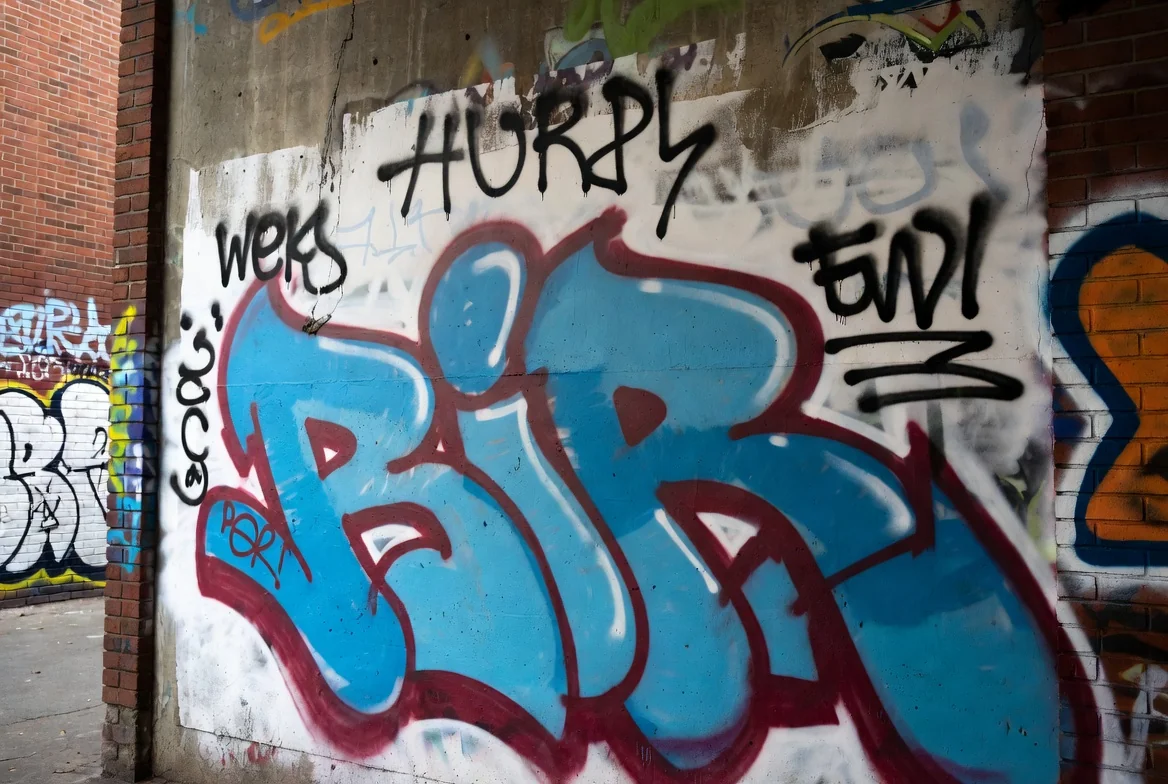 A graffiti-covered wall along the public right-of-way